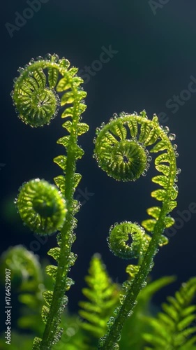 Two Vibrant Unfurling Fern Fronds (Fiddleheads) Adorned with Dew Drops, Macro Nature Shot
