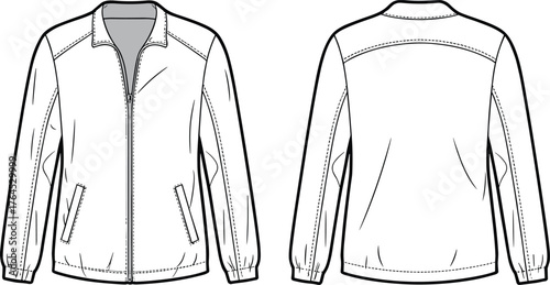 Technical flat sketch jacket front back view, fashion design template, zipper pockets, elastic cuffs, garment construction details, apparel illustration, clothing specification drawing, vector outline