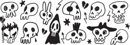 set of halloween sculls in hand drawn style in vector. illustration for website sticker mascot poster.
