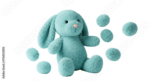 BABY TOYS - Blue plush bunny toy surrounded by small matching pom-poms on white background, perfect for baby shower gifts or children's room decor