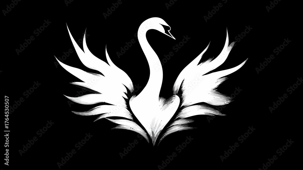 Obraz premium Elegant white swan illustration with graceful spread wings on a black background, a stylized majestic bird graphic design element.