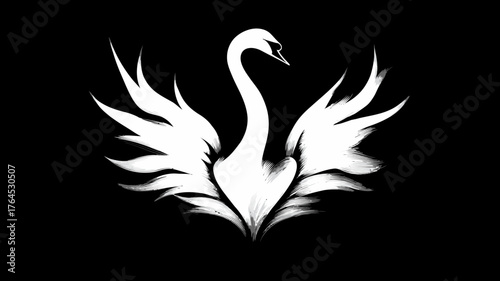 Elegant white swan illustration with graceful spread wings on a black background, a stylized majestic bird graphic design element.