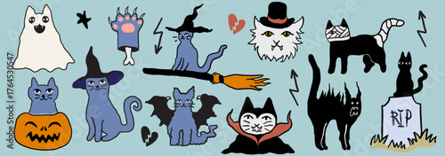 set of halloween cats in hand drawn style in vector. illustration for website sticker mascot poster.