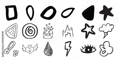 Collection of Hand-Drawn Doodle Icons: Shapes, Symbols, and Objects