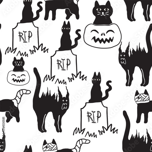seamless pattern with cats in hand drawn style in vector. Element for banner, wallpaper, wrapping, backdrop, background.