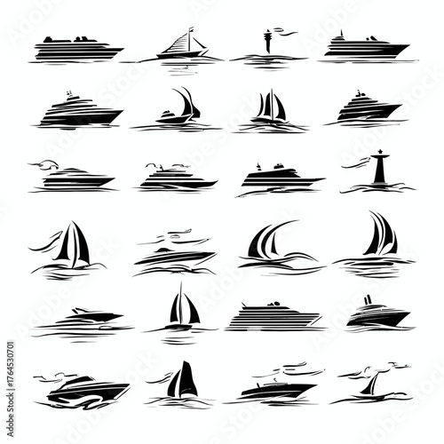 Dynamic collection of monochrome vector boat and ship icons: yachts, sailboats, motorboats, cruise liners, and speedboats for marine design.