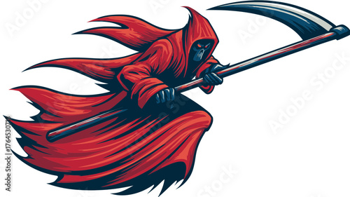 Ominous hooded figure in flowing red robe wielding a sharp scythe, symbolizing danger, fear, or a dark entity, vector art.