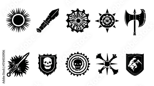 Set of diverse fantasy game icons, including weapons, shields, skulls, and mystical symbols, for role-playing and adventure design.