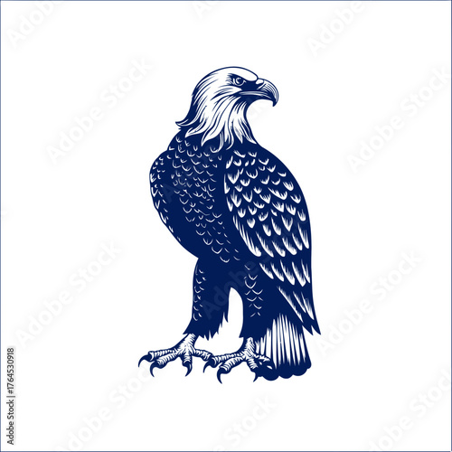 Strong stylized eagle illustration, majestic bird of prey graphic art, powerful predatory animal symbol vector design, detailed avian artwork.