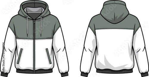 Hooded jacket front and back view, two tone color block design, zipper closure, casual fashion outerwear, unisex sportswear clothing, modern apparel template illustration