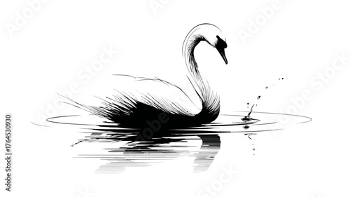 Graceful black ink swan illustration on water, minimalist artistic drawing with elegant ripples and splash, tranquil design on white.