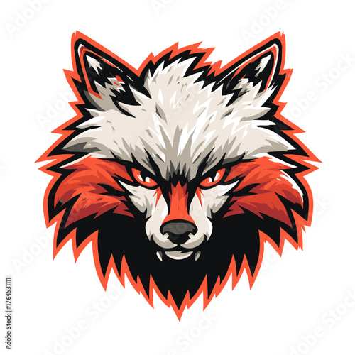 Aggressive red and white fox head mascot design illustration, fierce wild animal predator emblem, stylized esports gaming logo graphic