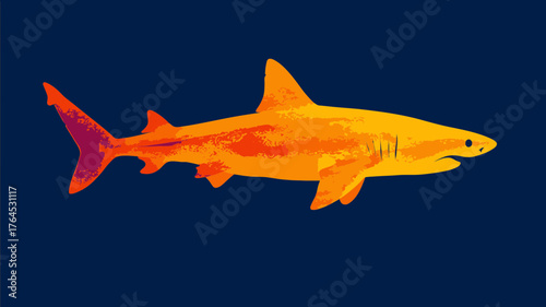 Artistic illustration of a vibrant orange and yellow shark with a deep blue ocean backdrop, marine wildlife artwork