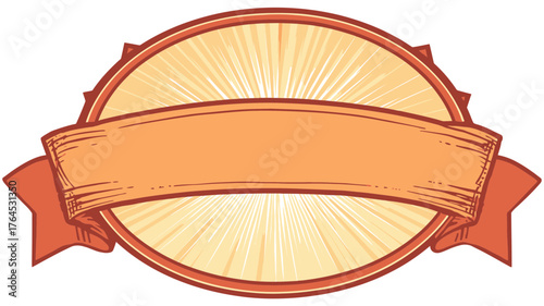 Retro style oval emblem with radiant sunburst and blank orange ribbon banner, vintage graphic design element for text or logo