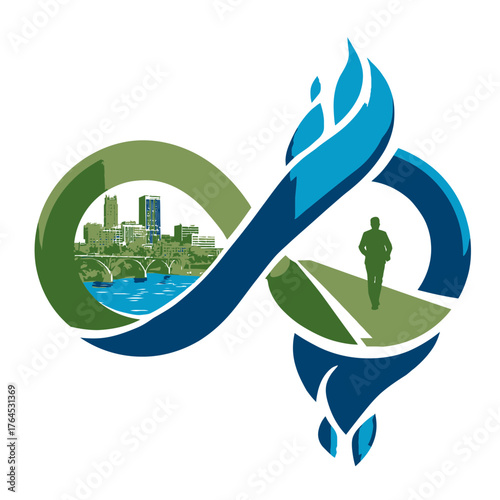 Abstract logo: infinity symbol with cityscape, river, bridge, and a person on a path, representing connection and journey