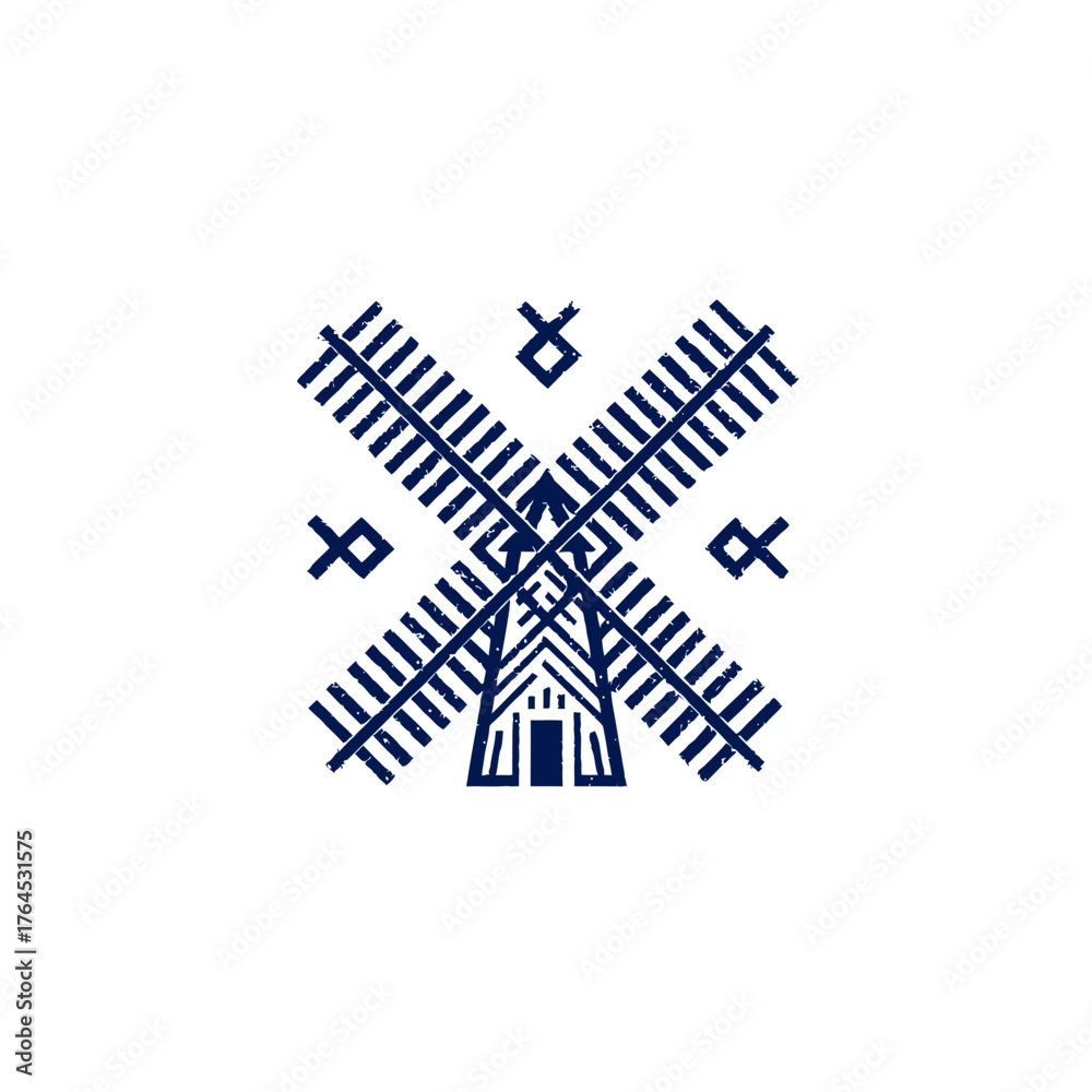 Obraz premium Minimalist geometric blue and white windmill illustration with traditional folk art patterns. Simple architectural graphic design element.