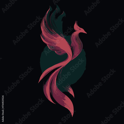 Stylized phoenix rising illustration with flowing fiery feathers in red and pink on a dark background, symbolizing rebirth and power