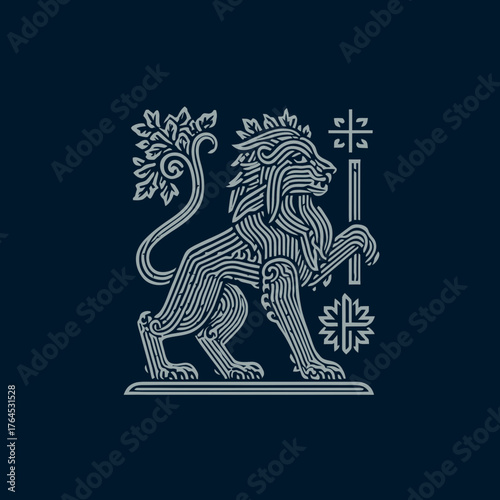 Elegant heraldic lion illustration with intricate line art details, symbolizing strength, nobility, and classic tradition. Ornate emblem design.