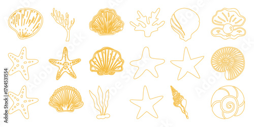 Collection of Yellow Outline Illustrations of Seashells, Starfish, Coral, and Seaweed