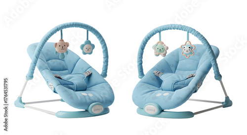 BABY TOYS - Pair of baby blue infant rockers with plush toys hanging, comfortable baby seats for soothing and playtime, perfect for nurseries and baby gifts