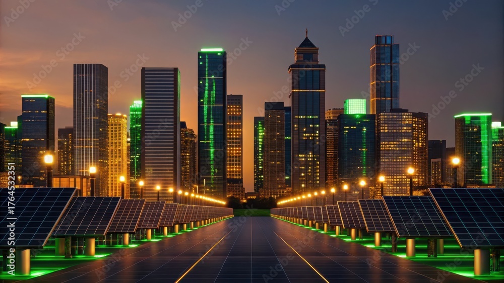 Fototapeta premium ESG Investing Trends. Modern skyline with solar panels reflecting a vibrant sunset.