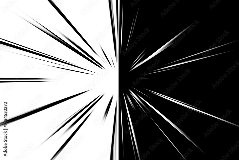 Obraz premium Abstract surface of radial blur zoom in monochrome tones. A striking black and white background, divided into two parts, with radial, diverging, and converging lines.