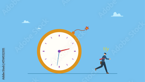 Fearful businessman running away from detonated time countdown bomb about to explode. Time management, project deadline countdown or problem or trouble to deliver or launch product.