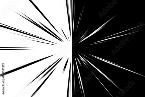 Abstract surface of radial blur zoom in monochrome tones.  A striking black and white background, divided into two parts, with radial, diverging, and converging lines.