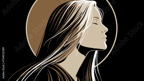 Vector illustration of a tranquil woman's profile with long flowing hair, eyes closed in peaceful reflection and spiritual contemplation.