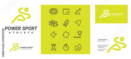 PS, SP initial letter form human body exercise logo design for exercise and sport company, with branding visual of business card and icon set simple flat modern style