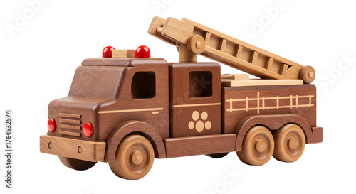 BABY TOYS - Wooden toy fire truck with ladder and red lights isolated on white background, perfect for children's playtime and educational use
