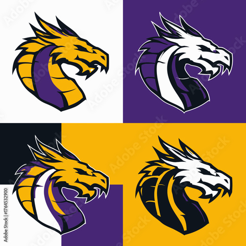 Fierce Dragon Head Mascot Logo Vector for Sports & Gaming. Mythical Creature Emblem in Yellow, Purple & White Variations.