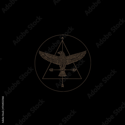 Stylized Geometric Eagle Illustration with Triangle and Arrow on Black, Ornate Esoteric Symbolism, Ancient Mystical Design