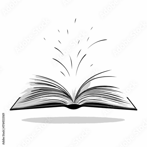 Magical open book illustration with sparkling light, symbolizing knowledge, wisdom, storytelling, and imagination. Black and white vector art.