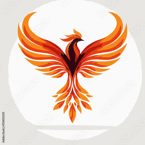 Dynamic orange and red phoenix bird illustration with widespread wings, symbolizing rebirth, power, and transformation. Mythical fiery bird icon.