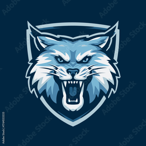 Intense blue wildcat head emblem illustration with an aggressive snarling expression, sharp teeth, and fierce eyes. Dynamic animal mascot logo design.