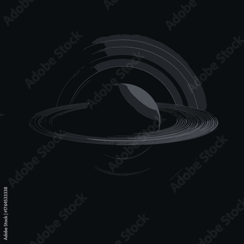Minimalist dark abstract digital art of a sphere with orbiting rings on a black background, cosmic futuristic design