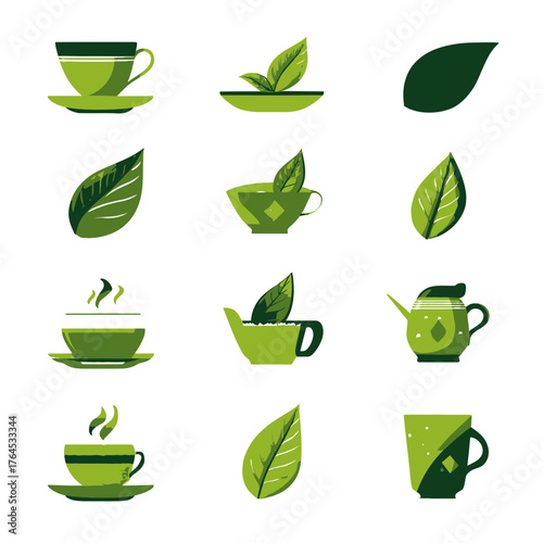 Green tea and leaf vector icon set. Flat design illustrations for organic drinks, natural herbs, and healthy beverage concepts.
