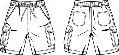 Cargo shorts technical fashion flat sketch, front and back view, elastic waistband drawstring, side flap pockets, rear patch pockets, garment design illustration template
