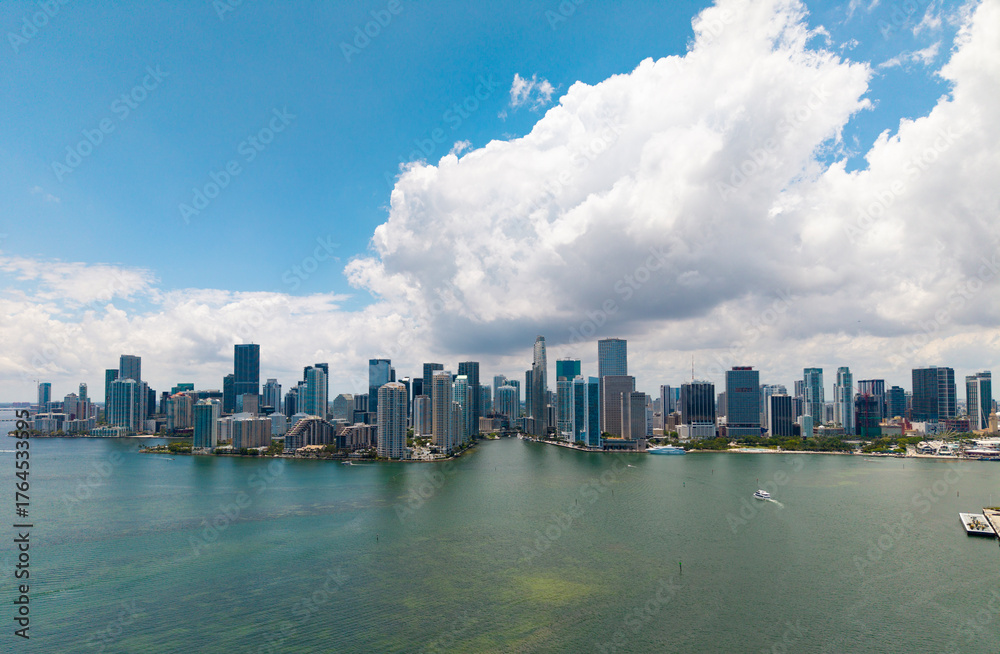Naklejka premium Aerial view of Brickell skyline in downtown Miami. Skyscrapers above Miami. Scenic panorama of Brickell financial district. Brickell in Miami city. Brickell Urban landscape with buildings cityscape.