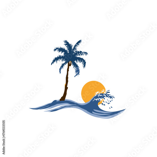 Vibrant tropical island illustration featuring a solitary palm tree, dynamic ocean wave, and warm setting sun. Perfect for summer travel designs.