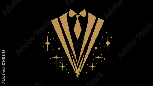 Elegant golden tuxedo suit icon with sparkling elements on a black background, representing luxury, sophistication, and formal events.