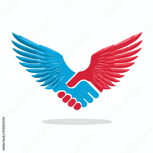 Dynamic handshake with stylized blue and red wings, symbolizing business partnership, agreement, collaboration, trust, and success.