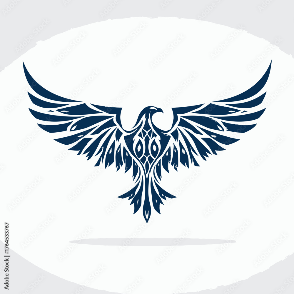 Obraz premium Stylized Phoenix or Eagle Bird Illustration with Spread Wings and Tribal Ornamental Design. Mythical Flying Creature Vector Graphic.