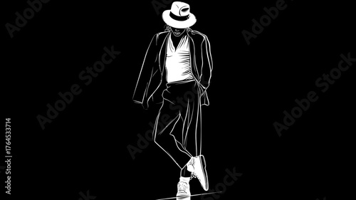 Stylish vector illustration of a dancer in a classic suit and fedora hat, striking an elegant lean pose on a black background
