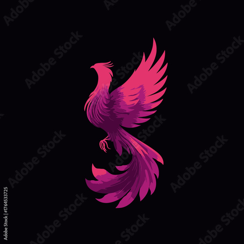 Vibrant stylized phoenix bird in majestic flight, showcasing rich pink and purple gradients on a stark black background, symbolizing rebirth and power.