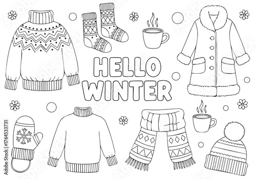 Cozy winter clothing items outline drawing for a coloring book page, featuring warm sweaters and cozy accessories