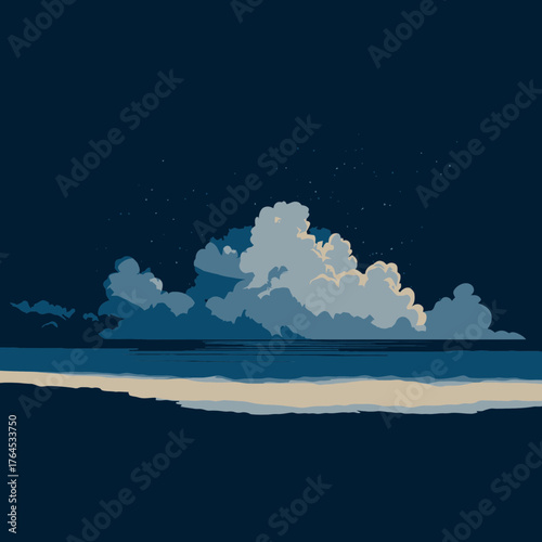 Serene Minimalist Night Landscape Illustration with Fluffy Clouds over a Tranquil Ocean and Calm Sandy Beach Shoreline