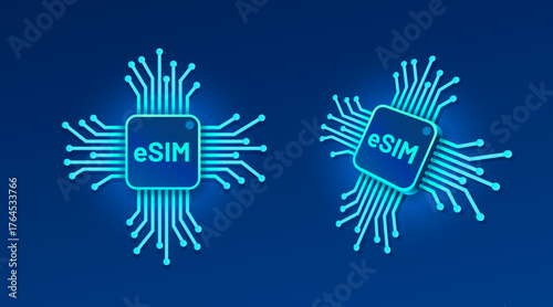 Modern eSIM microchip with glowing circuit connections. Digital technology concept.