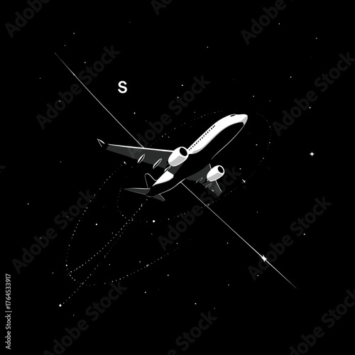 Monochrome commercial aircraft flying through a star-filled night sky, depicting abstract flight paths, celestial navigation and cosmic travel.